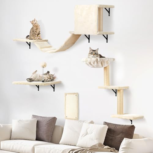 Katzen kletterwand Set XXL mit Katzenbaum Hängematte,Katzenhöhle Wand,Katzenbrücke,Kratzbrett und Katzen Wandelemente - 4-Teiliges Holz Katzenmöbel (Beige) von sofoteaful