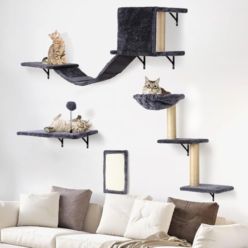 Katzen kletterwand Set XXL mit Katzenbaum Hängematte,Katzenhöhle Wand,Katzenbrücke,Kratzbrett und Katzen Wandelemente - 4-Teiliges Holz Katzenmöbel (Rauchgrau) von sofoteaful