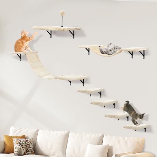 Katzen kletterwand Set mit Katzenbaum Hängematte,Katzentreppe Wand,Katzenbrücke,Kratzbrett, 7-Teiliges Katzen Wandelemente für Katze Catwalk (Beige) von sofoteaful