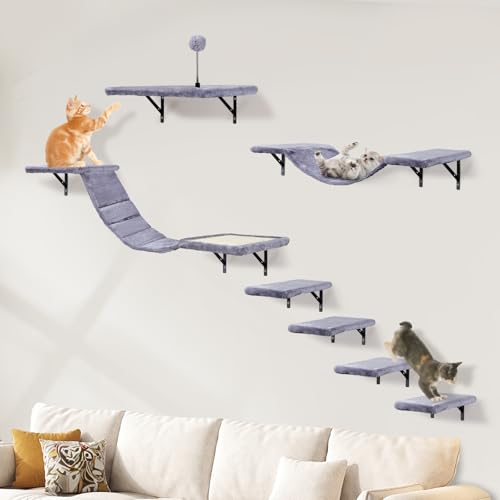 Katzen kletterwand Set mit Katzenbaum Hängematte,Katzentreppe Wand,Katzenbrücke,Kratzbrett, 7-Teiliges Katzen Wandelemente für Katze Catwalk (Hellgrau) von sofoteaful