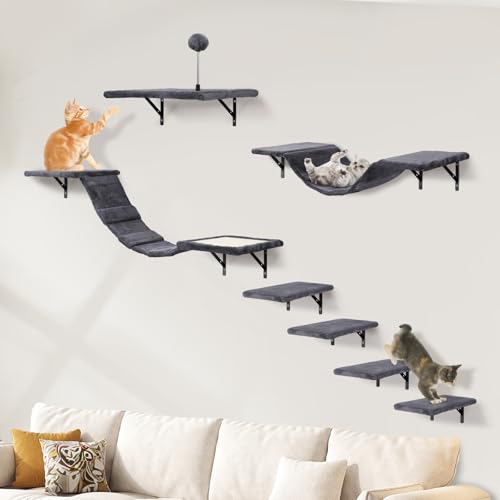 Katzen kletterwand Set mit Katzenbaum Hängematte,Katzentreppe Wand,Katzenbrücke,Kratzbrett, 7-Teiliges Katzen Wandelemente für Katze Catwalk (Rauchgrau) von sofoteaful