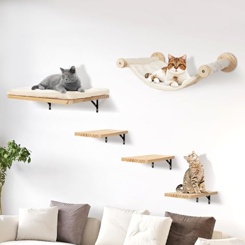 Sofoteaful Katzen kletterwand Set mit Katzenbaum Hängematte,Katzentreppe Wand, Massivholz Katzenwandmöbel Set 5-Teiliges Katzen Wandelemente für Katze Catwalk von sofoteaful