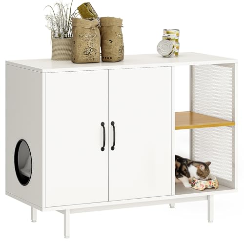 sogesfurniture Katzenschrank, Katzentoilette, Katzenklo Schrank, Katzenhaus Katzenhöhle mit 2 Türen, Ablagen für Aufbewahrung von Katzenfutter, Katzenstreu, Katzenmöbel Beistelltisch, 96 * 42 * 73cm von sogesfurniture