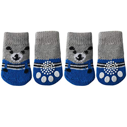 sourcing map 4Stk.Hundesocken Katzensocken mit Gummiverstärkung Rutschfester Strick Hundepfoten und Katzenpfoten Schutz für den Innenbereich Grau + Blau M von sourcing map