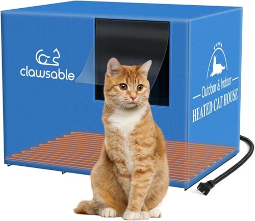 Großes beheiztes Katzenhaus für Outdoor-Katzen im Winter, isoliertes Katzenhaus, erhöht und wetterfest, warmer Katzenunterstand mit Heizkissen, Außenhaus-Feral-Scheunenkatze (Blau, 33 x 38,1 x 35,6 von stohot