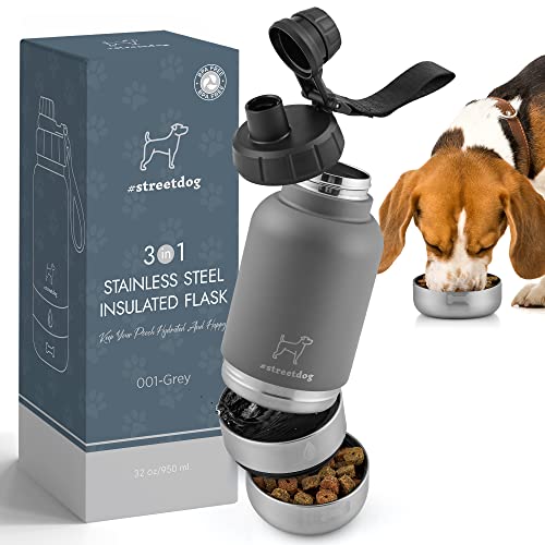 #streetdog Edelstahl Hundeflasche 3 in 1 mit Reise-Näpfen, Doppelwandige Hundetrinkflasche für Unterwegs BPA- frei von #streetdog