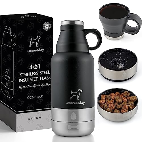 #streetdog Edelstahl Hundetrinkflasche 4 in 1 mit Tasse und Reise- Näpfen, Doppelwandige Hundeflasche für Unterwegs, Reise, Camping, to go, BPA-frei von #streetdog