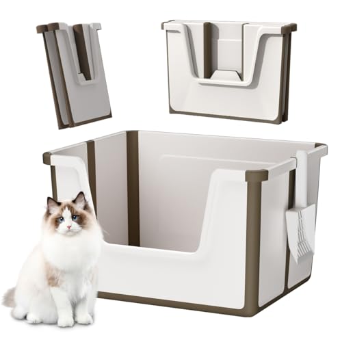 Stryfull Zusammenklappbare tragbare Katzentoilette, Spritzschutz, hohe Seiten, Katzentoilette, faltbare Reise-Kätzchentoilette mit Bonus-Schaufel (Beige) von stryfull