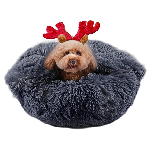 suddus Anti Anxiety Hundebett mit Decke befestigt, Hundebett mit Kapuze für mittelgroße Hunde, Rund Weich Flauschig Donut Snuggle Hundebett, Waschbar, Drak Grey, 66 cm von suddus