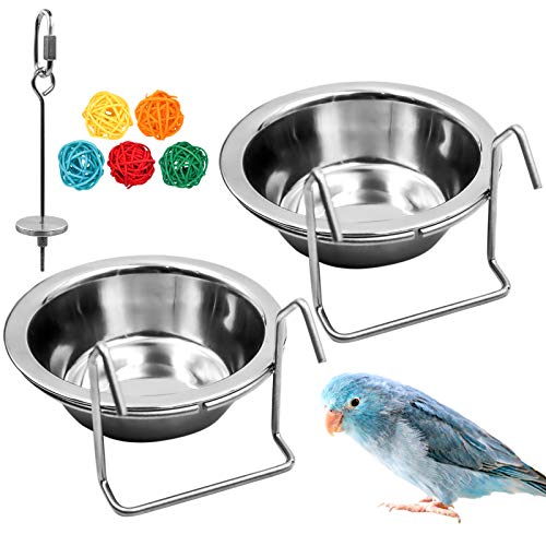 Vogelfutterschale aus Edelstahl, mit Drahthaken, für Papageien, Wassernäpfe mit Vogelfutterhalter und Rattan-Ball, für Finken, Lovebirds (Set 1) von suruikei