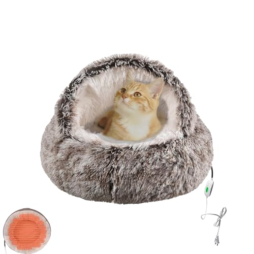 suyousu Beheiztes Katzenbett, rund, halbgeschlossenes Katzenbett, Indoor-Katzenbett mit abnehmbarem Heizkissen, beheiztes Katzenbett für große Katzen von suyousu