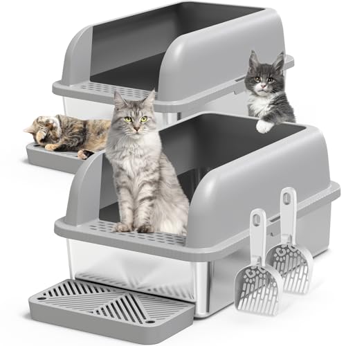 2 Pack XL Edelstahl Katzentoilette Gehege mit Deckel, Edelstahl Katzentoilette für große Katzen, große Metall-Katzentoilette mit Anti-Auslauf-Hochwand, antihaftbeschichtet, einfache Reinigung, von suzzipaws