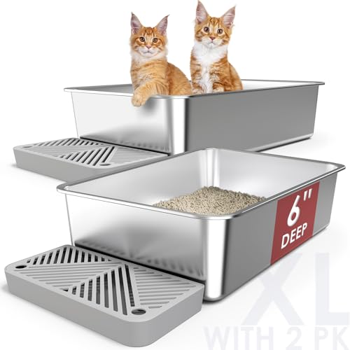 suzzipaws 2 Pfannen Edelstahl Katzentoilette Extra Große Katzentoiletten für große Katzen XL Metall Katzentoilette Pfannenwanne Anti-Sticky, Anti-Auslaufen, Einfache Reinigung von suzzipaws