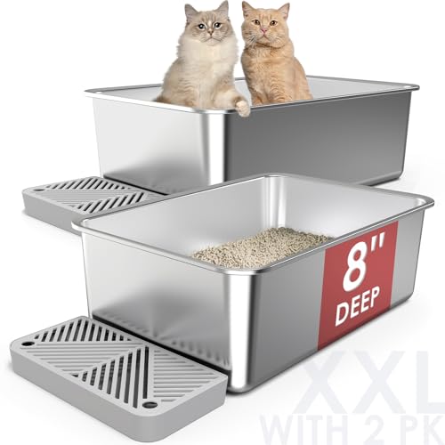 2 Stück 59,9 x 39,9 x 20,3 cm extra tiefe und große Edelstahl-Katzentoilette für große Katzen, antihaftbeschichtet, geruchlose Metall-Katzentoilette, XL-Edelstahlpfanne mit Fußteil, Katzentoilette von suzzipaws