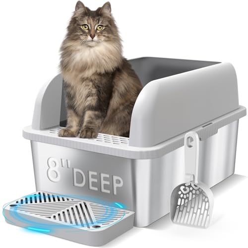 Suzzipaws 20,3 cm tiefe Edelstahl-Katzentoilette mit Deckel, extra große Katzentoilette für große Katzen, XL-Metall-Katzentoilette mit hohen Wandseiten, nicht klebrig, auslaufsicher, einfache von suzzipaws