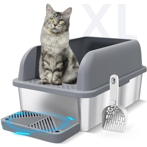 Suzzipaws Geschlossene Katzentoilette aus Edelstahl mit Deckel, extra große Katzentoilette für große Katzen, XL, Metall-Katzentoilette mit hohen Wandseiten, nicht klebrig, Anti-Auslauf, Grau von suzzipaws