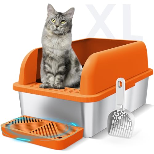 Geschlossene Edelstahl-Katzentoilette mit Deckel, extra große Katzentoilette für große Katzen, XL Metall-Klo, Katzentoilette mit hohen Seiten, Anti-Auslaufen, einfache Reinigung (Orange) von suzzipaws