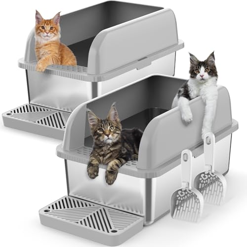 SuzziPaws 2 Stück 20,3 cm tiefe Edelstahl-Katzentoilette mit Deckel, extra große Edelstahl-Katzentoilette für Multipul-Katzen, Metall-Katzentoilette mit Anti-Auslauf-hoher Wand, tiefe Katzentoilette, von suzzipaws