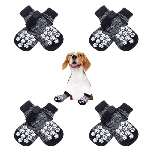 sylbx 4 Paar Indoor Anti-Rutsch Socken für Hunde,Bequeme Hundesocken,Verstellbare Hundesocken,mit Klettverschluss Antirutschsocken Hund,Haustiersocken für den Innenbereich (Grau/S) von sylbx