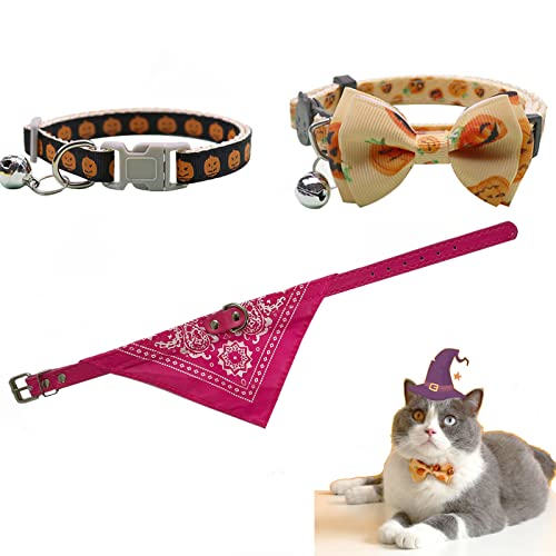 2 Stück Halloween-Katzenhalsband & 1 Stück Katzen-Speichelhalsband mit abnehmbarer Fliege mit Glocke, verstellbar, Halloween-Katzen-Zubehör, Dekoration (Kürbis) von talkzxmy