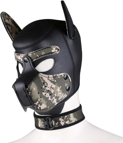 Neopren-Welpen-Haubenmaske mit Kragen, abnehmbare Cosplay-Hunde-Vollgesichts-Welpen-Haubenmaske, Halloween-Maske (Camo, L) von taxekoz