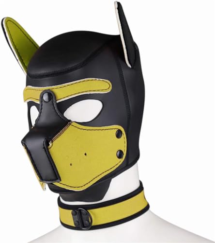 Neopren-Welpen-Haubenmaske mit Kragen, abnehmbare Cosplay-Hunde-Vollgesichts-Welpen-Haubenmaske, Halloween-Maske (Gelb, L) von taxekoz