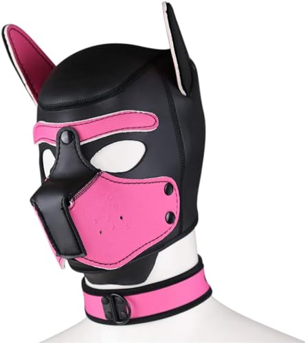 Neopren-Welpen-Haubenmaske mit Kragen, abnehmbare Cosplay-Hunde-Vollgesichts-Welpen-Haubenmaske, Halloween-Maske (Rosa, XL) von taxekoz