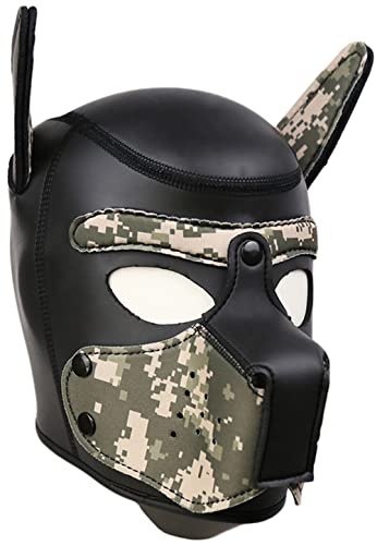 Neoprene Dog Mask, Abnehmbarer Mund,Weiche Latex Petplay Hundemaske mit Ohren Welpenmaske Hunde Masken, Geeignet für Halloween, Urlaubsparty (Camo, Large) von taxekoz