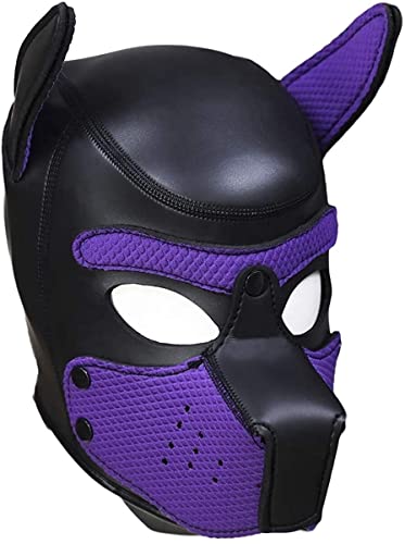 Neoprene Dog Mask, Abnehmbarer Mund,Weiche Latex Petplay Hundemaske mit Ohren Welpenmaske Hunde Masken, Geeignet für Halloween, Urlaubsparty (Purple, Large) von taxekoz