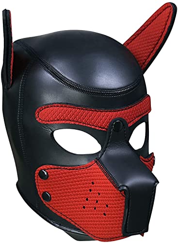 Neoprene Dog Mask, Abnehmbarer Mund,Weiche Latex Petplay Hundemaske mit Ohren Welpenmaske Hunde Masken, Geeignet für Halloween, Urlaubsparty (Red, Large) von taxekoz