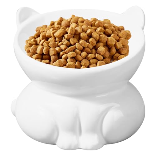 Basic Bowl Erhöhter Katzennapf in Katzenform, neigbar, dekorativer Katzennapf, 220 ml, Futter-/Wasser-Katzennapf aus Keramik, lebensmittelecht, glattes Katzenfutter für den Innenbereich, weiß von tddouck