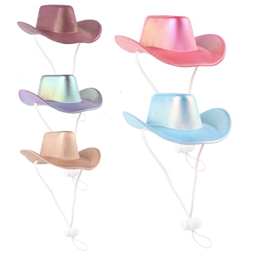 tddouck Hats Dog Cowboy Hut 5pcs Glitzer Katze Cowboy Hut Hund Sonnenhut mit verstellbarem Halsgurt Welpe Hut für Halloween Holiday Party Dekor Dekor von tddouck