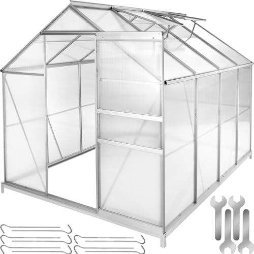 tectake® Aluminium Gewächshaus, 250x185x195 cm, Treibhaus, Tomatenhaus, Frühbeet, Pflanzenhaus, UV beständig, 4 mm Platte, Schiebetür & Dachfenster, Schutz vor Kälte, Regen und Frost - mit Fundament von tectake