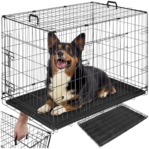 tectake® Hundekäfig, Hundegitter Box, Dog Kennel, Hundebox faltbar, Transportbox stabil, für Hunde und Welpen, für Kofferraum, Auto, Camping und Zuhause, Wohnung - 91,5 x 59,5 x 64 cm von tectake