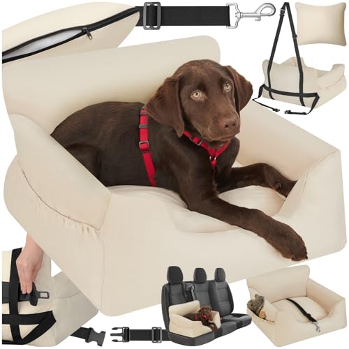 tectake® Hundesitz, Autositz für Hunde, Hunde Autositz für Rückbank, Beifahrer oder Rücksitz, Reisebett Hund, mit Hundegurt, Sitzerhöhung mit Hundeanschnaller, Hundebett mit Anschnaller - beige von tectake