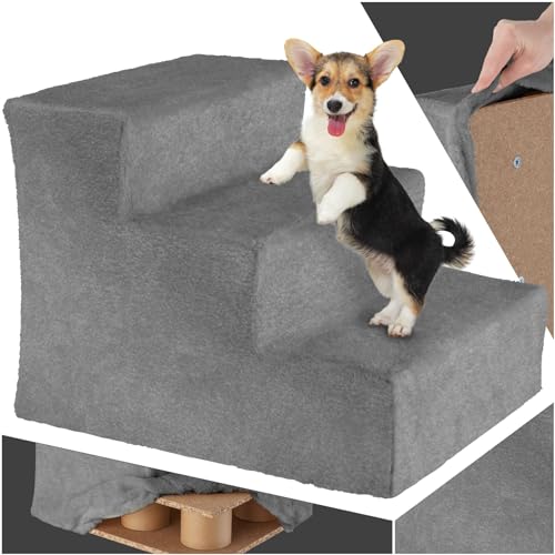 tectake® Hundetreppe oder Katzentreppe, Haustiertreppe, Einstiegshilfe mit waschbarem Bezug, extra Flache Treppenstufen, Tiertreppe für Sofa, Bett oder Auto (grau, 37 x 45 x 34,5 cm, 3) von tectake