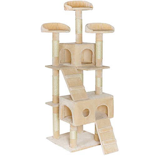 tectake® Katzen Kratzbaum groß, Katzenbaum mit 3X Sisal Kratzsäule sowie Katzen Zubehör 3X Liegeplatz sowie 1x Katzenhöhle und 2X Katzentreppe, mittelhoch für Katzen, Kitten und Kater - beige von tectake