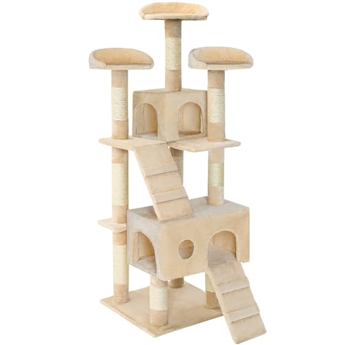 tectake® Katzen Kratzbaum groß, Katzenbaum mit 3X Sisal Kratzsäule sowie Katzen Zubehör 3X Liegeplatz sowie 1x Katzenhöhle und 2X Katzentreppe, mittelhoch für Katzen, Kitten und Kater - beige von tectake