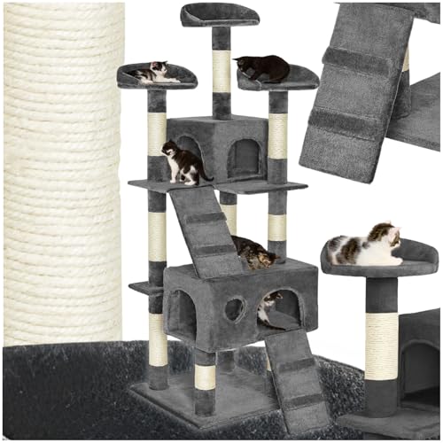 tectake® Katzen Kratzbaum groß, Katzenbaum mit 3X Sisal Kratzsäule sowie Katzen Zubehör 3X Liegeplatz sowie 1x Katzenhöhle und 2X Katzentreppe, mittelhoch für Katzen, Kitten und Kater - grau von tectake