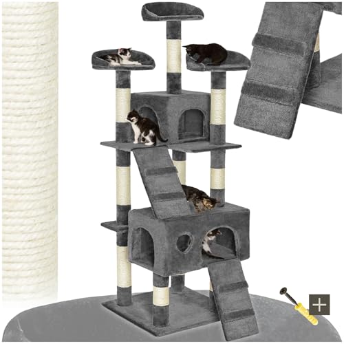 tectake® Katzen Kratzbaum groß, Katzenbaum mit 3X Sisal Kratzsäule sowie Katzen Zubehör 3X Liegeplatz sowie 1x Katzenhöhle und 2X Katzentreppe, mittelhoch für Katzen, Kitten und Kater - grau von tectake