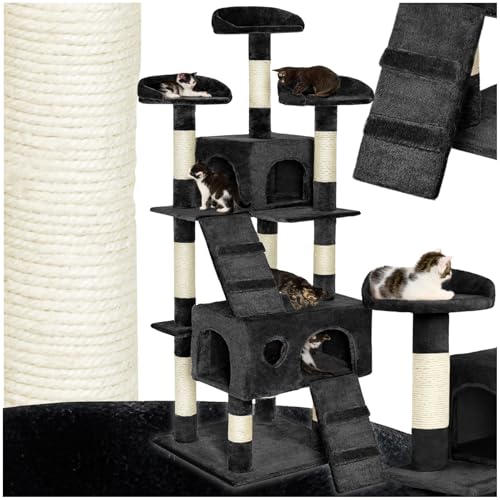 tectake® Katzen Kratzbaum groß, Katzenbaum mit 3X Sisal Kratzsäule sowie Katzen Zubehör 3X Liegeplatz sowie 1x Katzenhöhle und 2X Katzentreppe, mittelhoch für Katzen, Kitten und Kater - schwarz von tectake