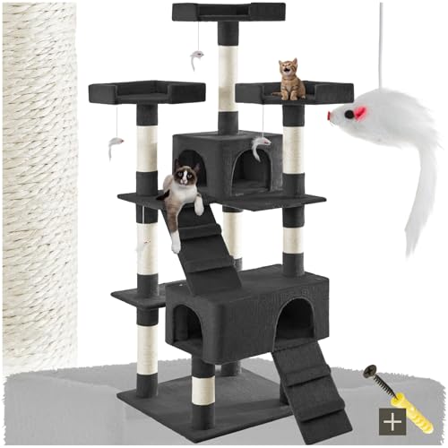 tectake® Katzen Kratzbaum groß, für Katzen und Kitten, mit 2X Katzenhaus, 4X Katzenspielzeug Spielmaus und 2X Katzenleiter zum Klettern, Kratzsäule Sisalseil, Kippschutz mit Wandmontage - schwarz von tectake