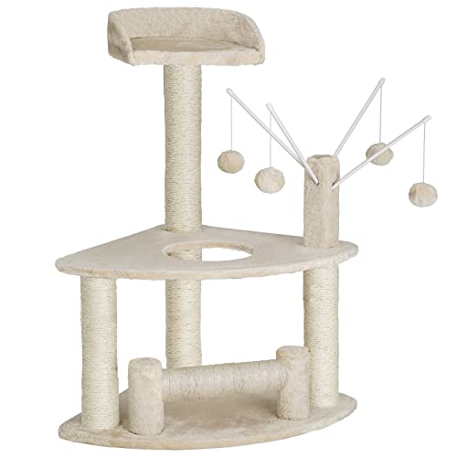 tectake 800921 Katzen Kratzbaum klein, 90 cm hoch, Katzenbaum mit Liegefläche, Sisal Stämme und Spielbaum mit 4 Bällchen, Kletterbaum für Katzen Kätzchen (Beige | Nr. 403924) von tectake