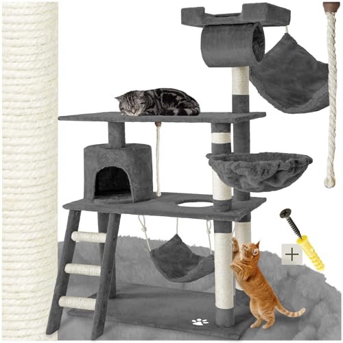 tectake Katzen Kratzbaum, Katzenbaum, Kletterbaum, 141cm hoch, Katzenhaus Indoor mit Hängematte, Höhle, Spielseil und Treppe, Plüsch Sisal, Katzen Kratzmöbel mit Spielzeug, extra breit - grau von tectake