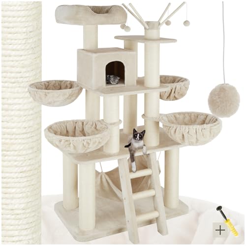 tectake Katzenbaum XXL, Kratzbaum groß, 195 cm, Kratzbaum deckenhoch, Kletterbaum mit Liegemulden, Hängematte, Treppe und Höhle, stabile Säulen mit Sisal, Spielbaum für Katzen - beige/weiß von tectake