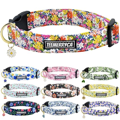 TEEMERRYCA Spring Vibrant Flower Bed Daisy Floral Cotton Dog Collars with a Daisy Shaped Charm Adorable Pet Collar for Large Dogs Girl Boy, L von teemerryca