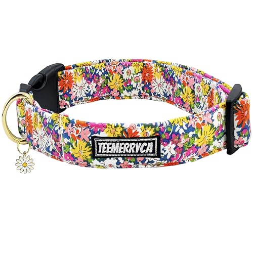 TEEMERRYCA Spring Vibrant Flower Bed Daisy Floral Cotton Dog Collars with a Daisy Shaped Charm Adorable Pet Collar for Large Dogs Girl Boy, L von teemerryca