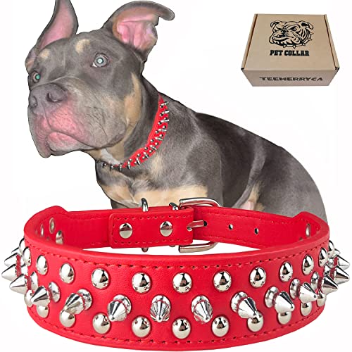 teemerryca Hundehalsband aus Leder, verstellbar, mit Quietschball, Geschenk für kleine, mittelgroße und große Haustiere wie Katzen, Bulldogge, Mops, Husky, M(11.8"-14.9" / 30cm-38cm), rot von teemerryca