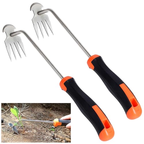 thirei Unkrautstecher Edelstah, Gartenarbeit Hand Unkrautstecher, Unkraut Entferner Gerät mit Stiel, Hand Unkrautstecher, mit Stiel Gummigriff 4 Zähne, für Garten zum Graben,Jäten, Orange von thirei