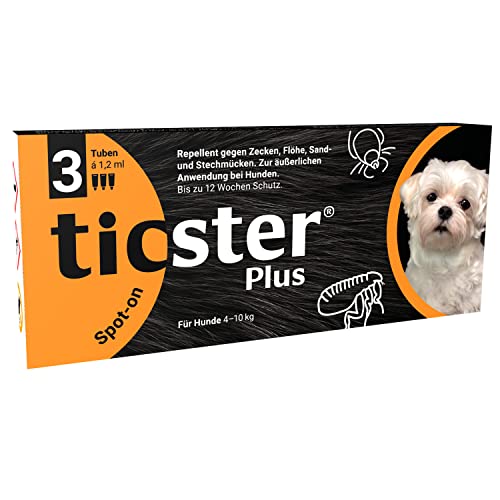 TICSTER Plus Spot-on für Hunde von 4 - 10 kg, Floh und Zeckenmittel, Inhalt: 3x 1,2ml, Schutzdauer: bis zu 12 Wochen (Lösung zum Auftropfen, auch gegen Sand- & Stechmücken, Insektenschutz für Hunde) von TICSTER